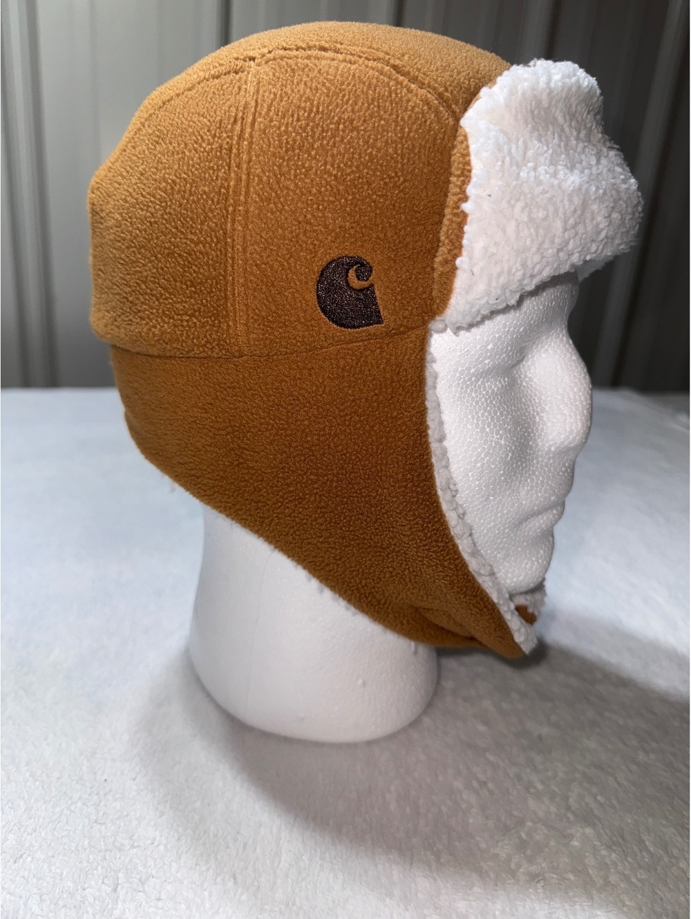 Carhartt Brown Fleece Trapper Hat with White Sherpa Lining Kids